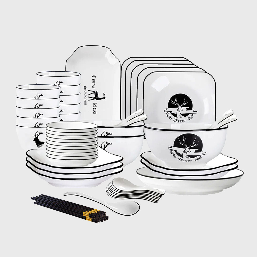 White Antler Printed Ceramic Dinnerware Set of 34