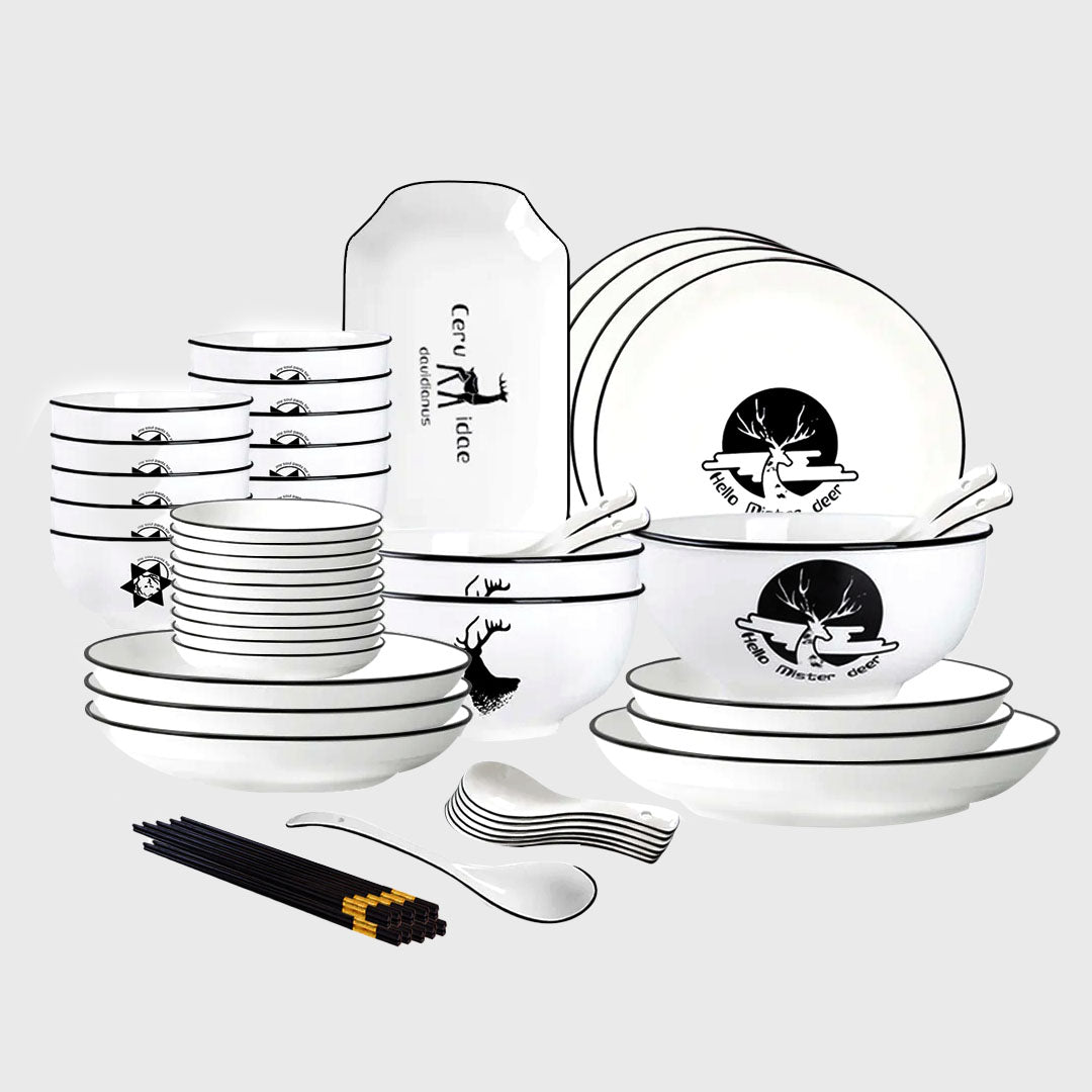 White Antler Printed Ceramic Dinnerware Set of 34