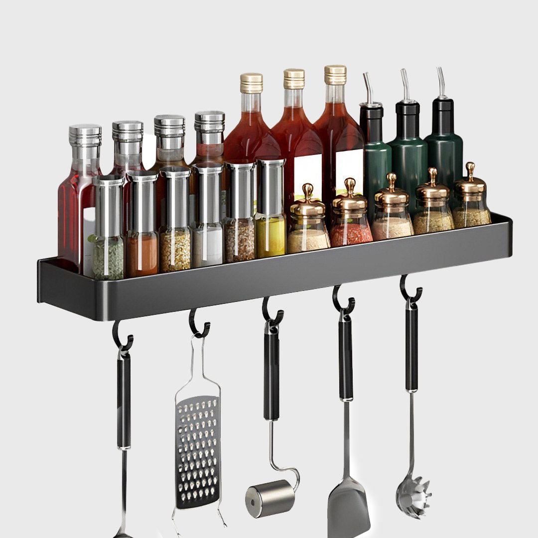 40cm Black Rectangular Kitchen Spice Storage with Hooks