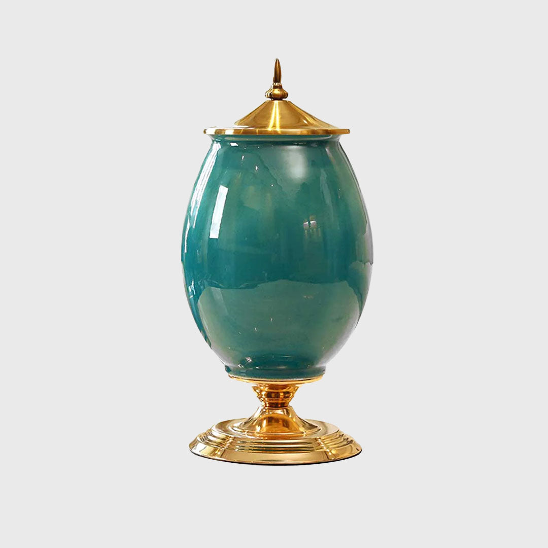 40cm Ceramic Vase with Gold Metal Base Green