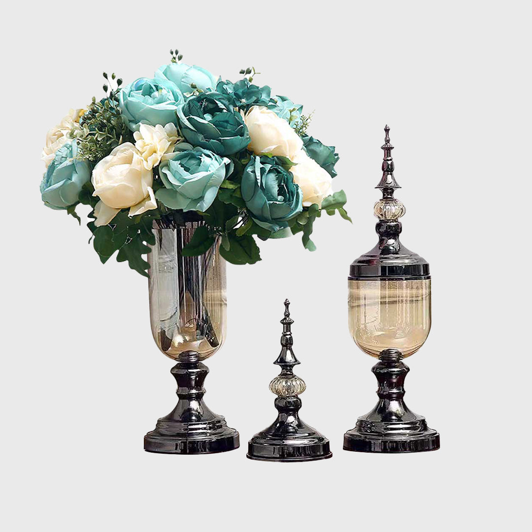 2x Clear Black Glass Vase with Lid and Blue Flower Set