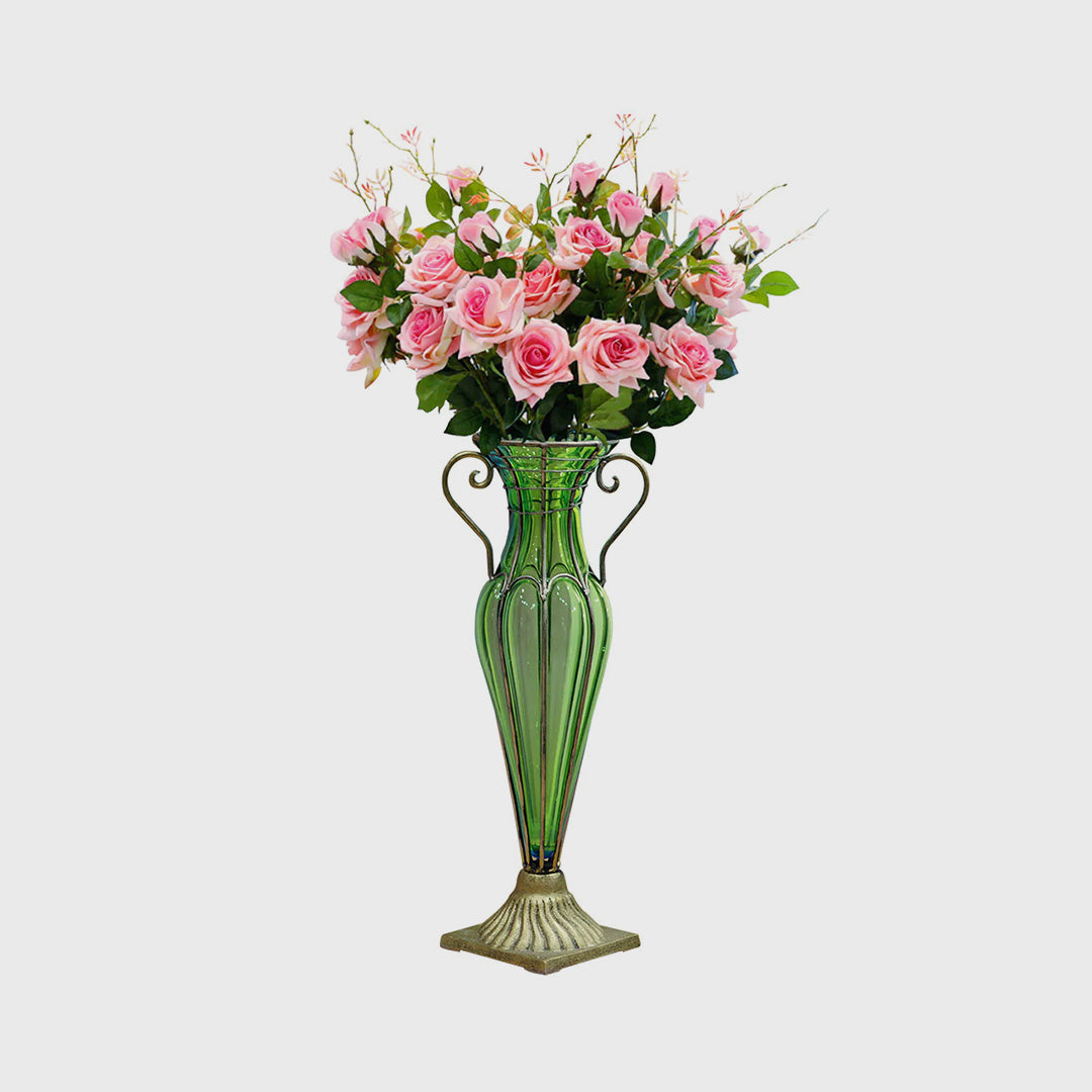 Green Glass Flower Vase with 6 Bunch 5 Heads Artificial Silk Rose Set
