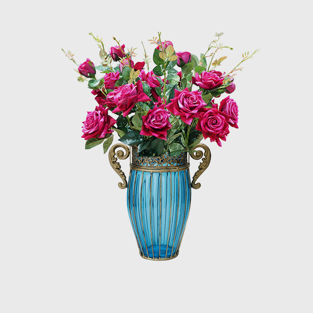 Blue Glass Flower Vase with 8 Bunch 5 Heads Artificial Silk Rose Set