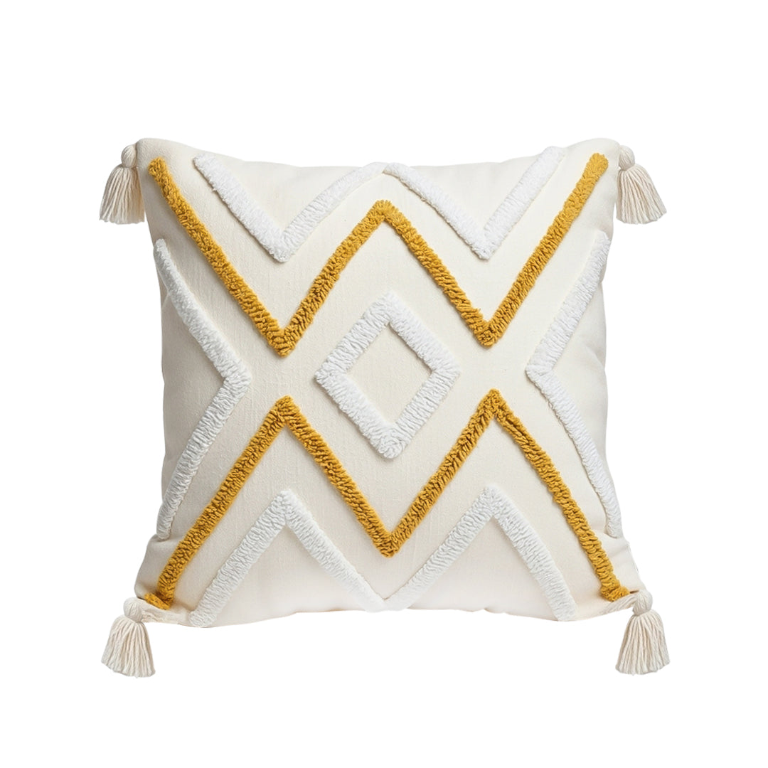 SOGA Boho Tufted Cushion 45cm Tassel Beige Yellow Geometric Chevron Throw Pillow