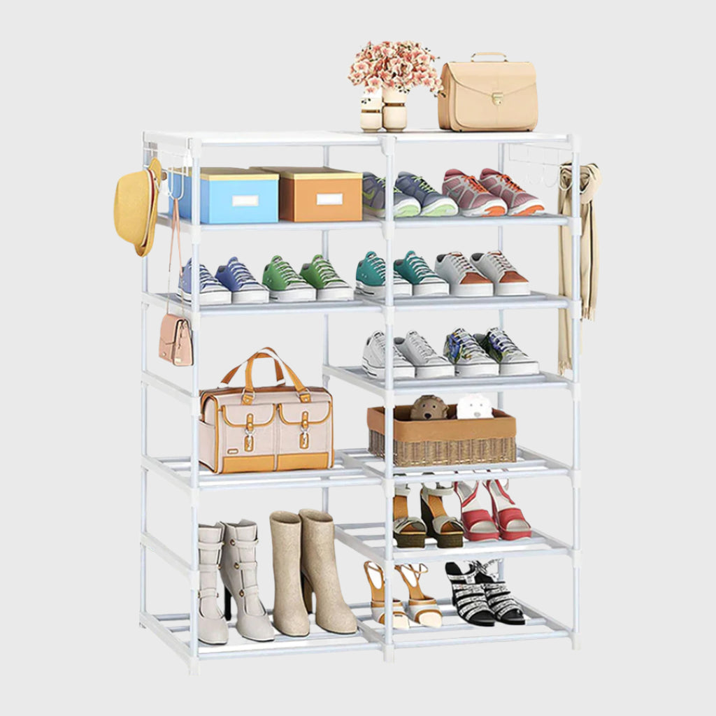 12-Shelf Tier Shoe Storage with Side Hooks White