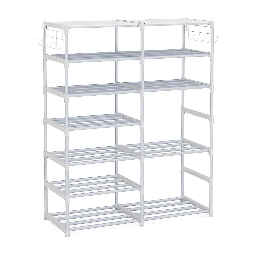 12-Shelf Tier Shoe Storage with Side Hooks White