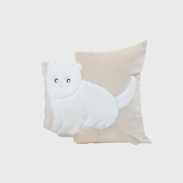 45cm Throw Pillow Light Tan Square Cushion with Soft White Cat Design