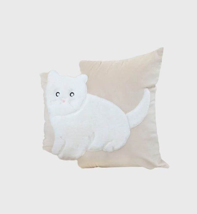 45cm Throw Pillow Light Tan Square Cushion with Soft White Cat Design