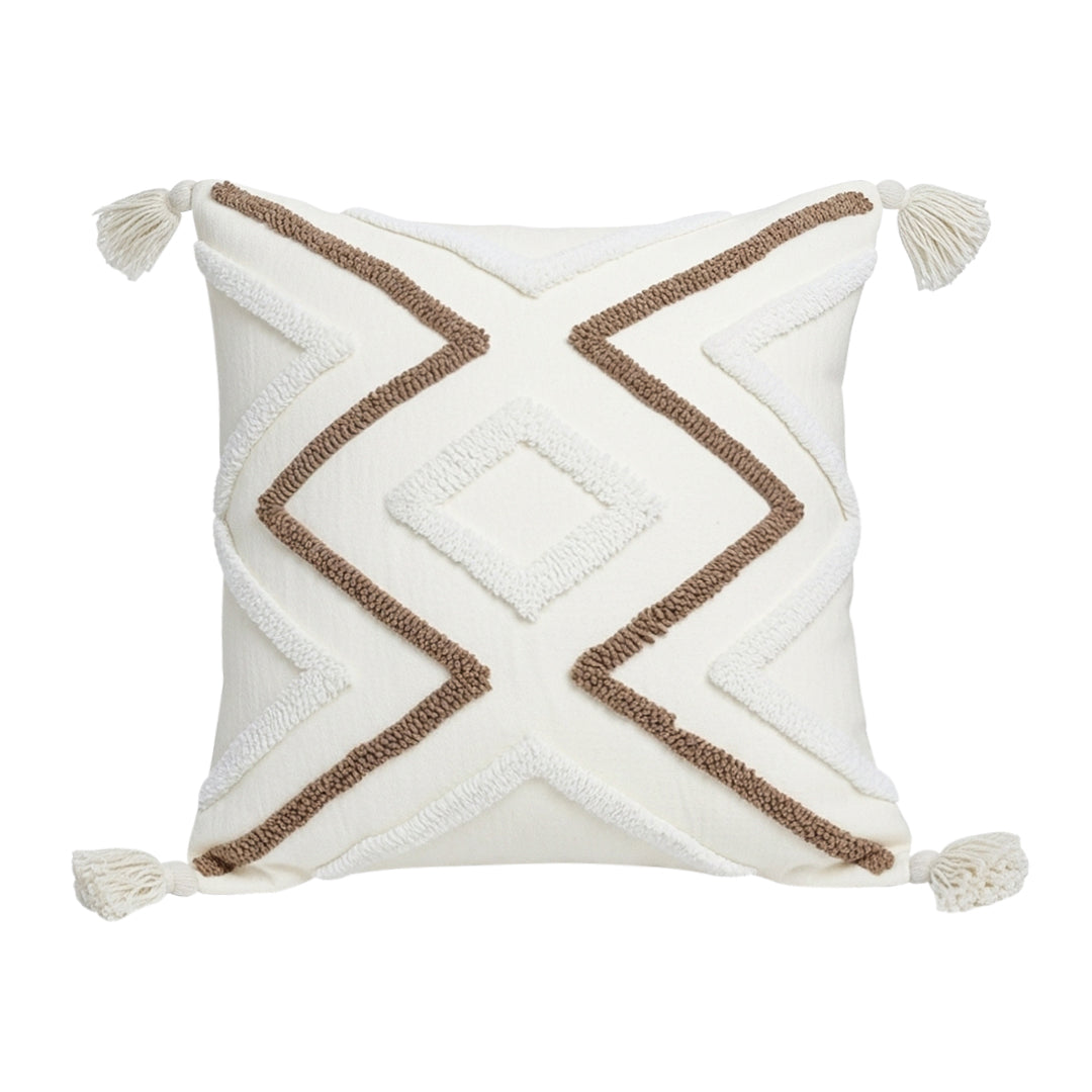 SOGA Boho Tufted Cushion 45cm Tassel White Brown Geometric Decorative Throw Pillow