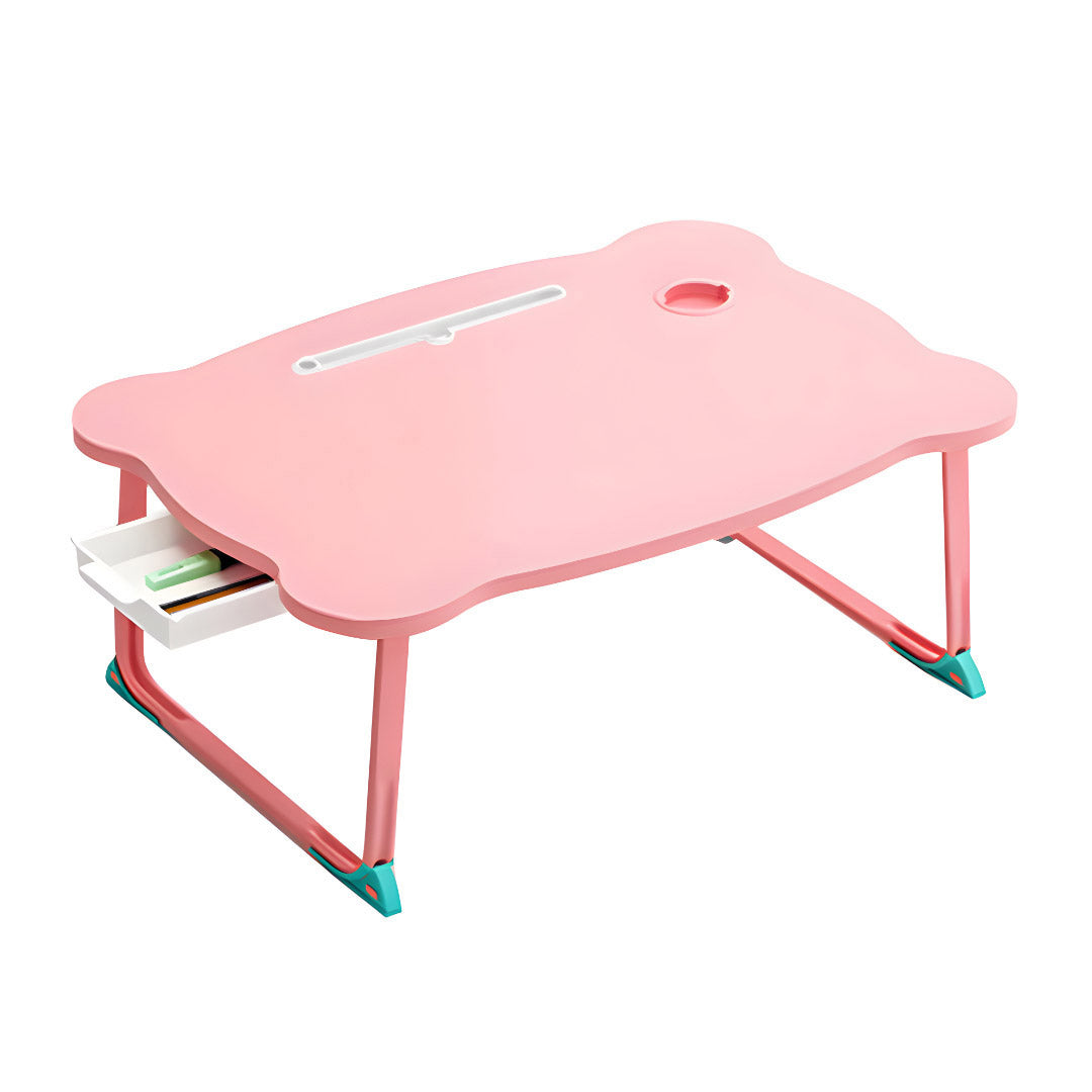 Pink Portable Bed Table With Mini Drawer and Cup-Holder
