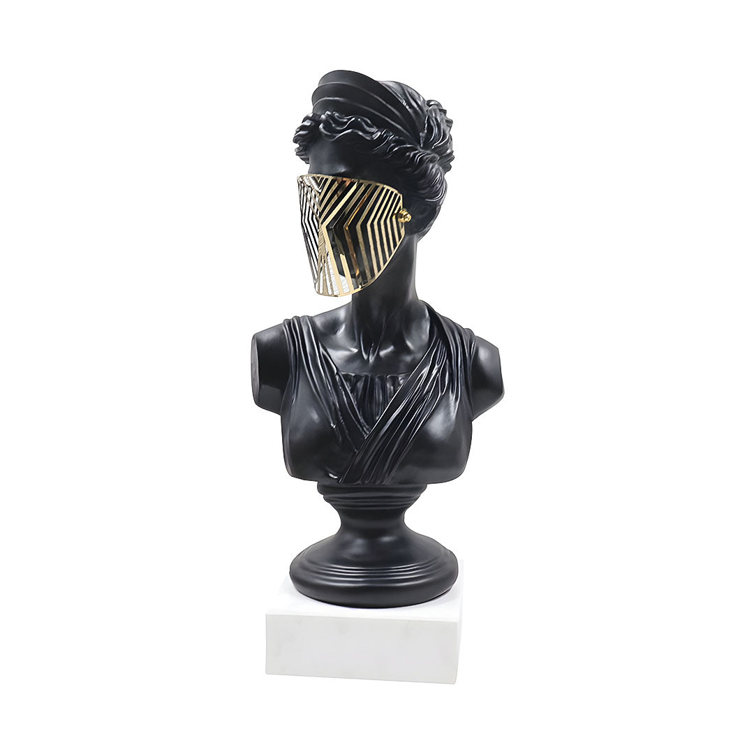SOGA 45cm Black Resin Bust – Gold Striped Mask Home Sculpture