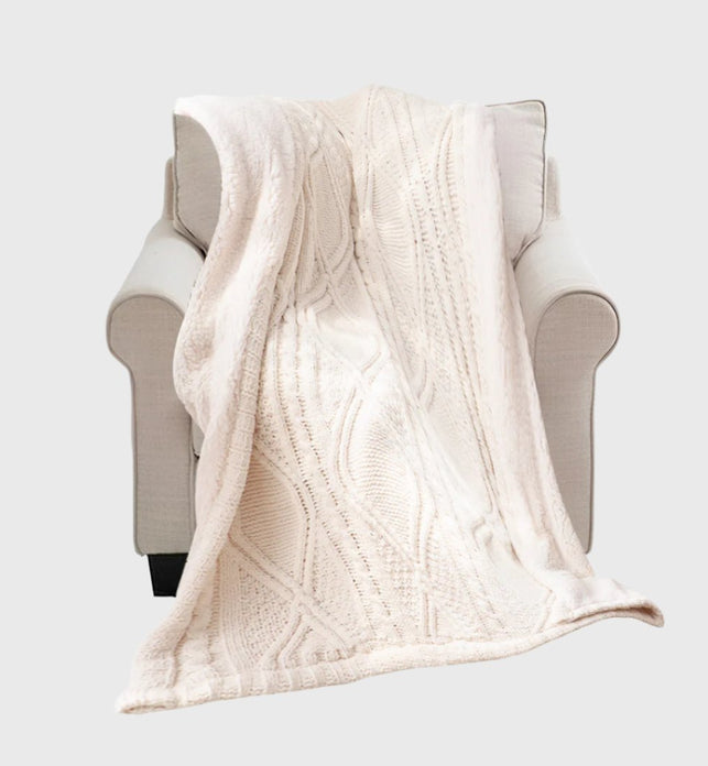 SOGA 200x230cm Throw Blanket White Chenille Fleece Knitted Fabric on One Side Soft Suede