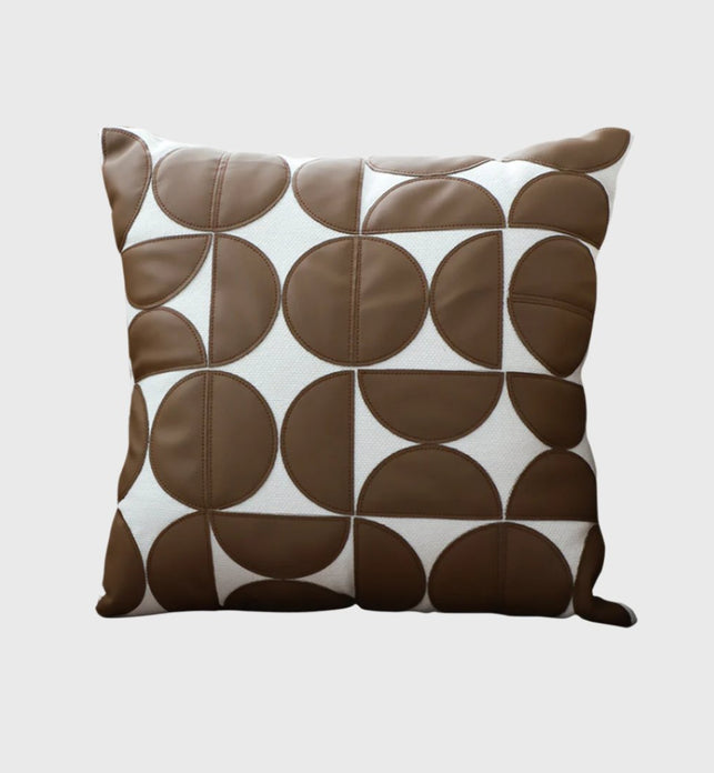 SOGA 45cm Brown Leather Square Pillow Half Moon Patchwork Design