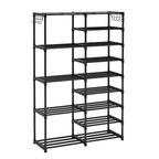 16-Shelf Tier Shoe Storage with Side Hooks Black