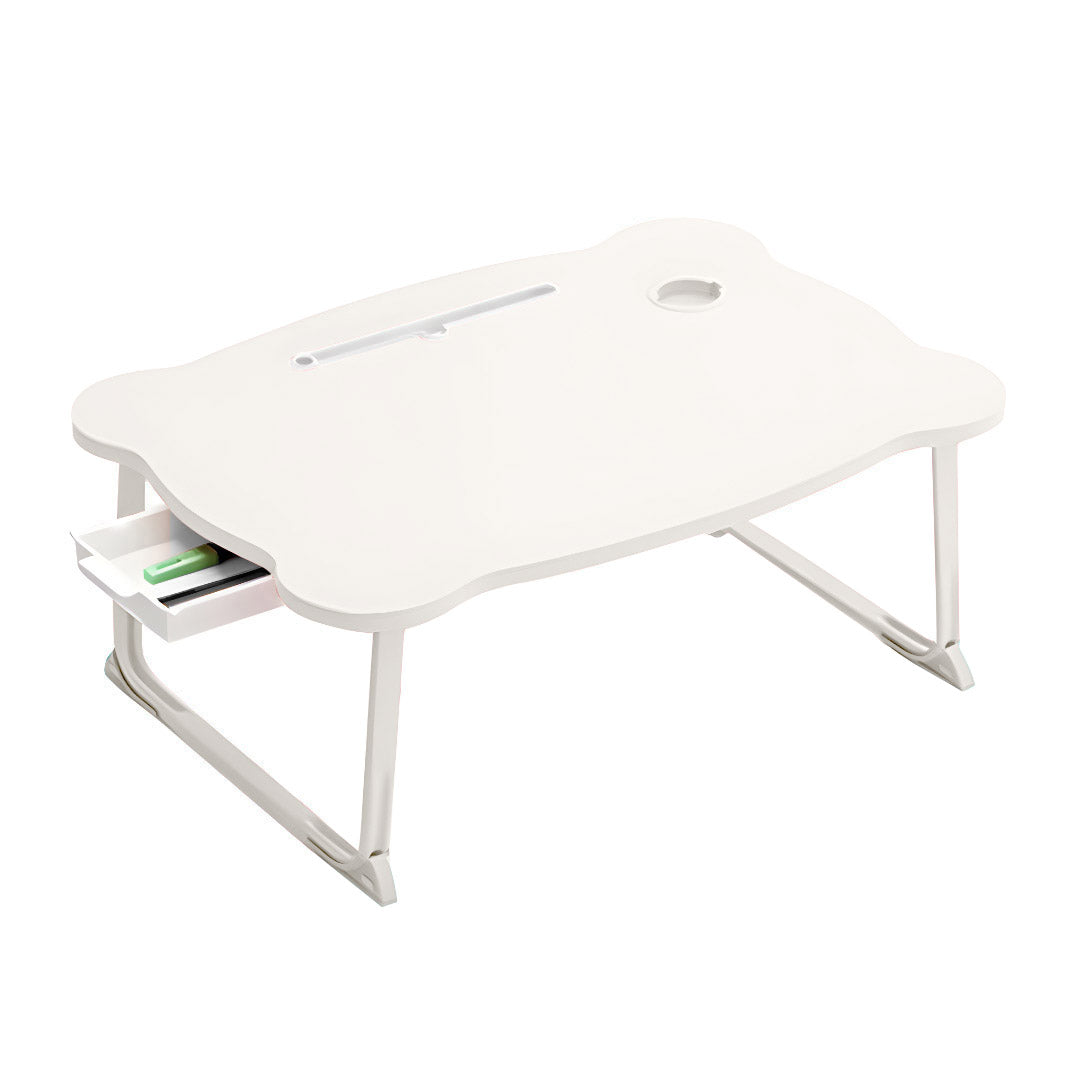 White Portable Bed Table With Mini Drawer and Cup-Holder