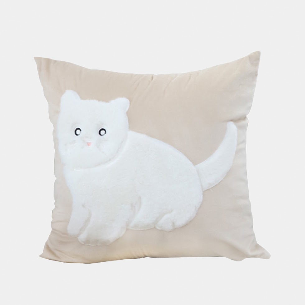 45cm Throw Pillow Light Tan Square Cushion with Soft White Cat Design