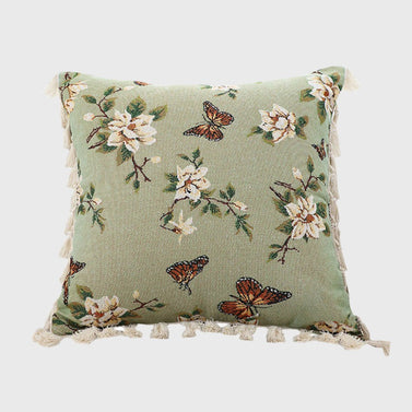 SOGA 45cm Matcha Green French Vintage Butterfly Loves Flowers Tassel Throw pillow