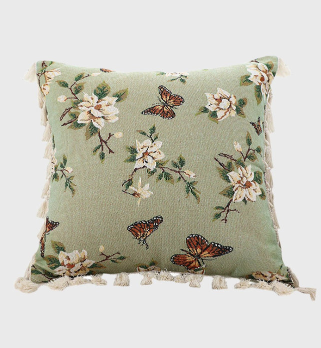 SOGA 45cm Matcha Green French Vintage Butterfly Loves Flowers Tassel Throw pillow