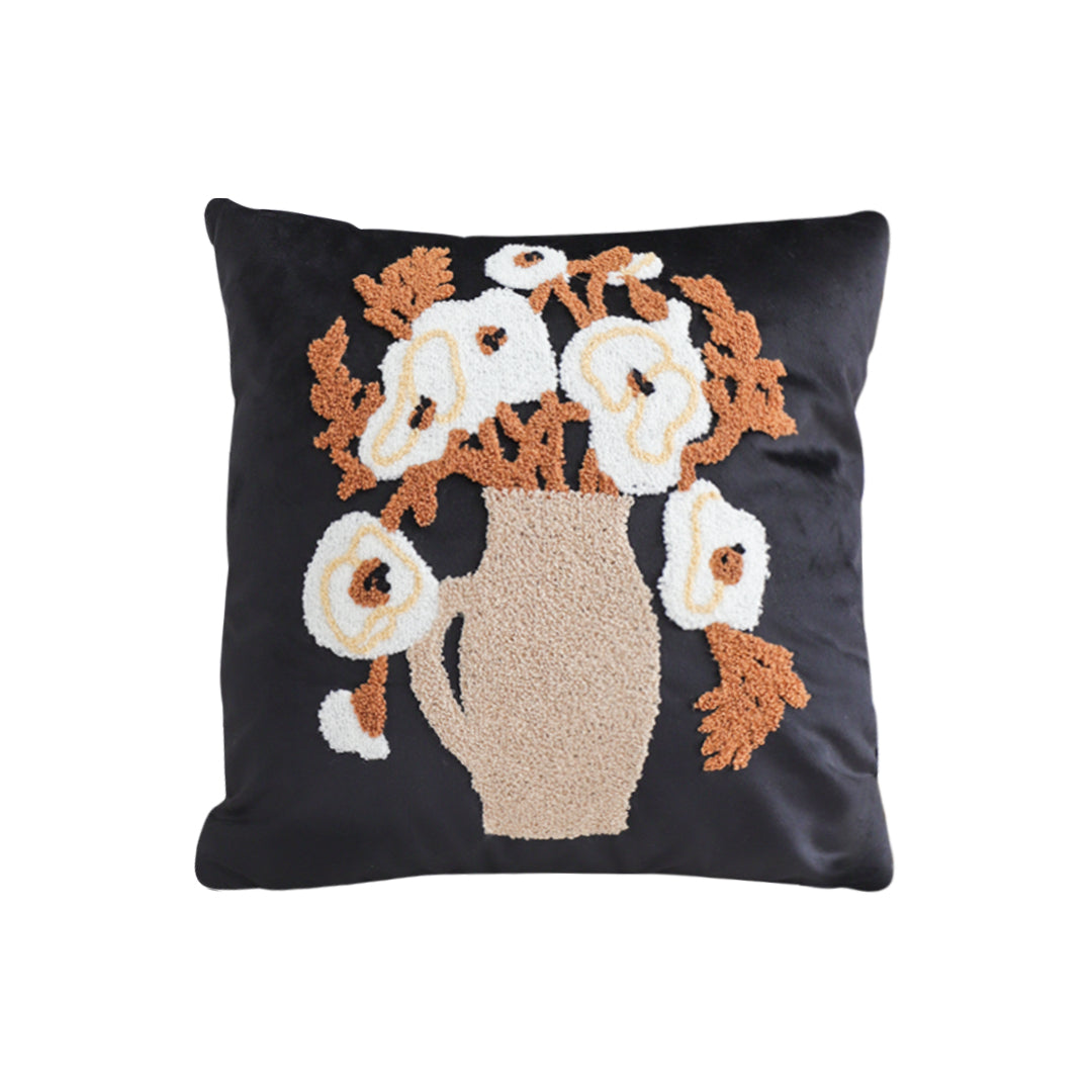 SOGA 45cm Black Brown White Floral Bouquet Embroidered Throw Pillow