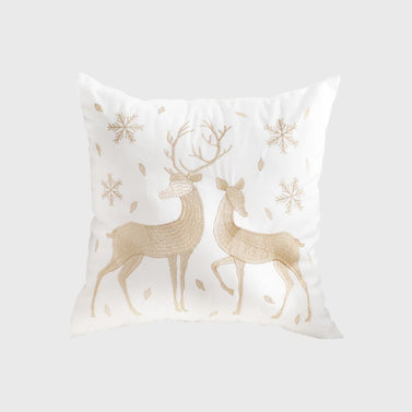 45cm Throw Pillow White with Golden Christmas Reindeer Festive