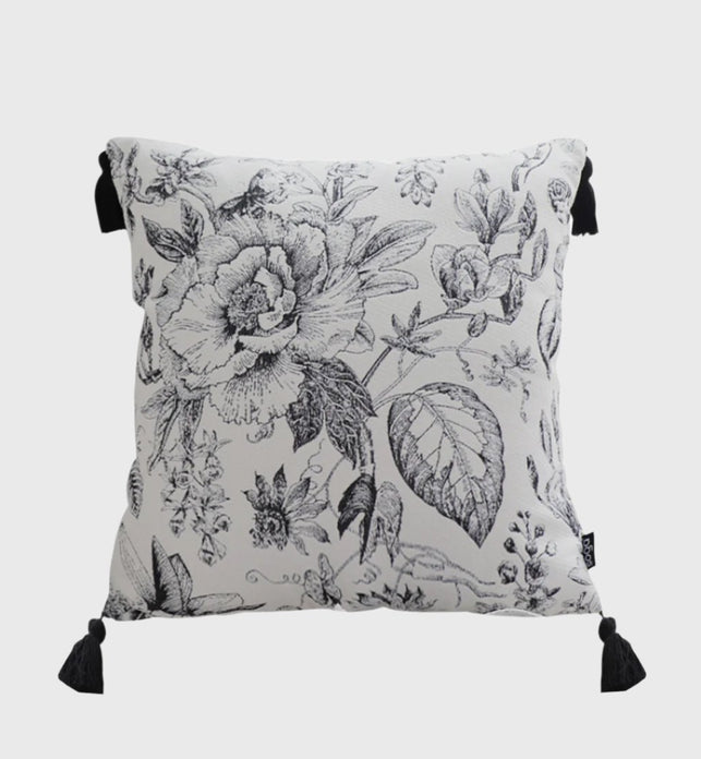 SOGA 50cm Throw Pillow  Black and White Elegant Floral Print with Tassel