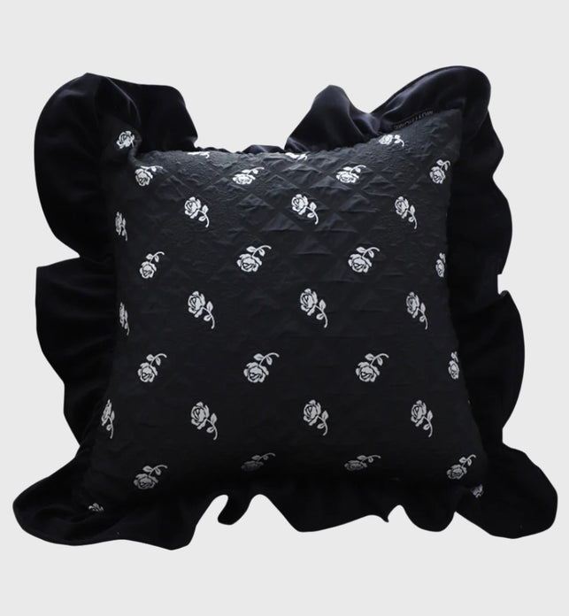 45cm Throw Pillow Black Ruffled Square