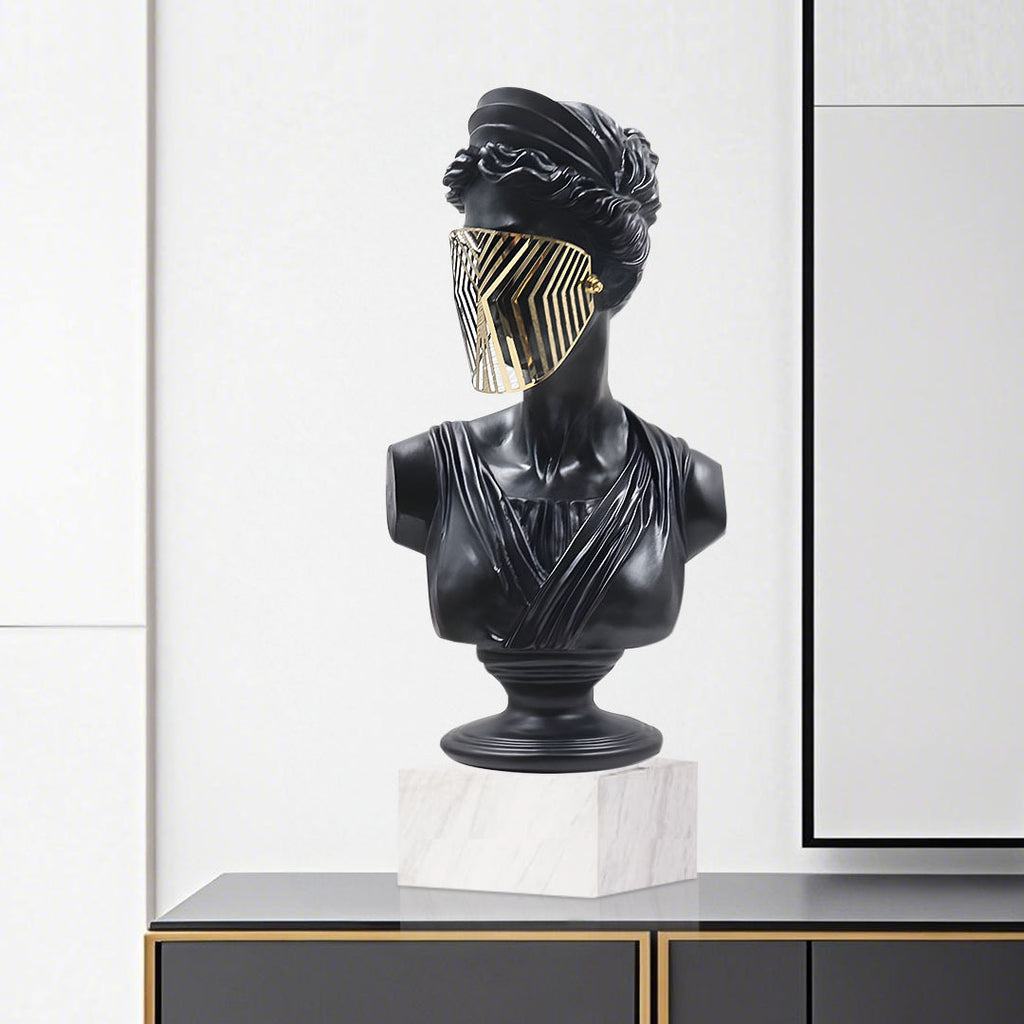 SOGA 45cm Black Resin Bust – Gold Striped Mask Home Sculpture