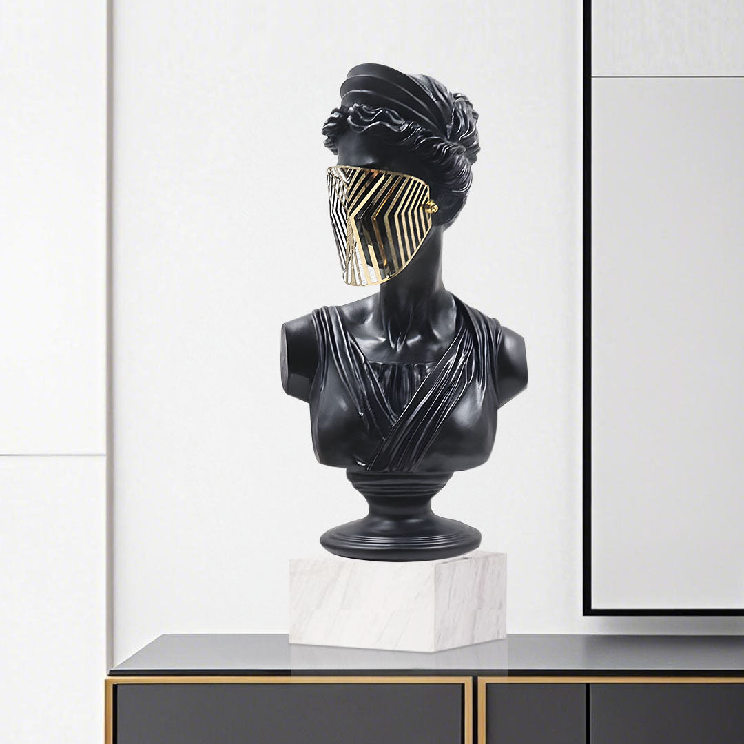 SOGA 45cm Black Resin Bust – Gold Striped Mask Home Sculpture