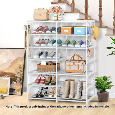 12-Shelf Tier Shoe Storage with Side Hooks White