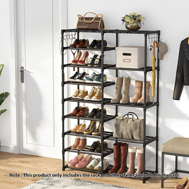 16-Shelf Tier Shoe Storage with Side Hooks Black