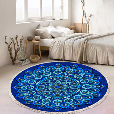 SOGA 90cm Blue Mandala Round Carpet for Living Room Bedroom Anti-slip Doormat Home Decor