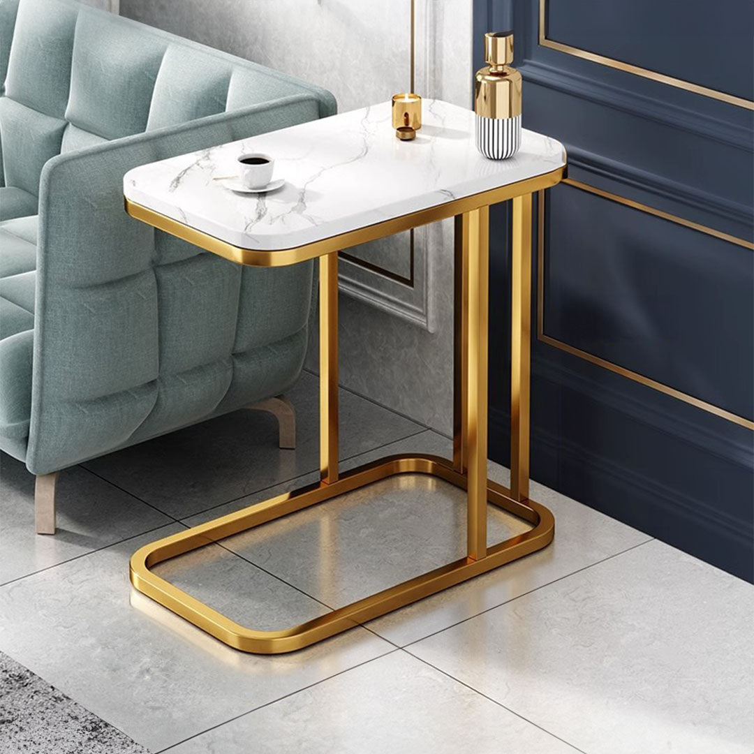 30x50cm White Ceramic Sofa Side Square Mini Table w/ Gold Metal Legs