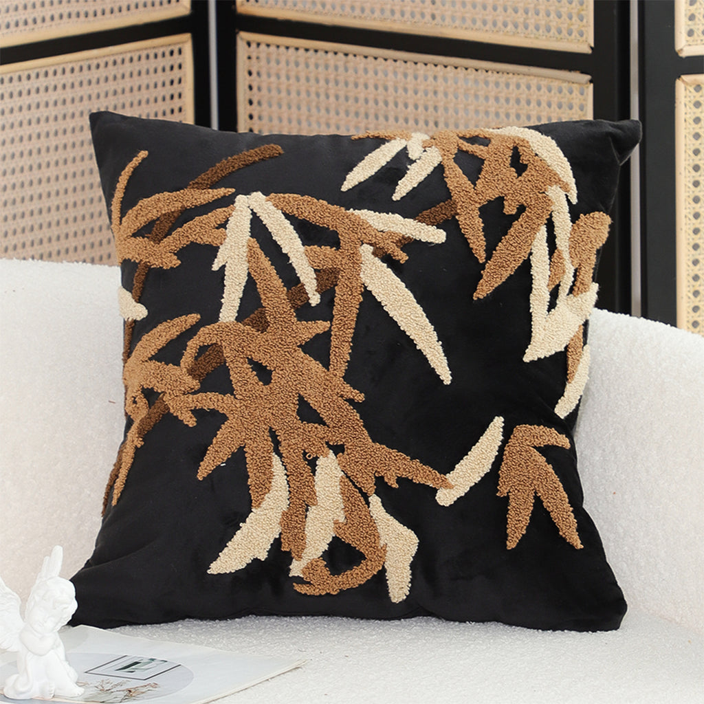 SOGA 45cm Black Brown Bamboo Leaf Botanical Embroidered Throw Pillow