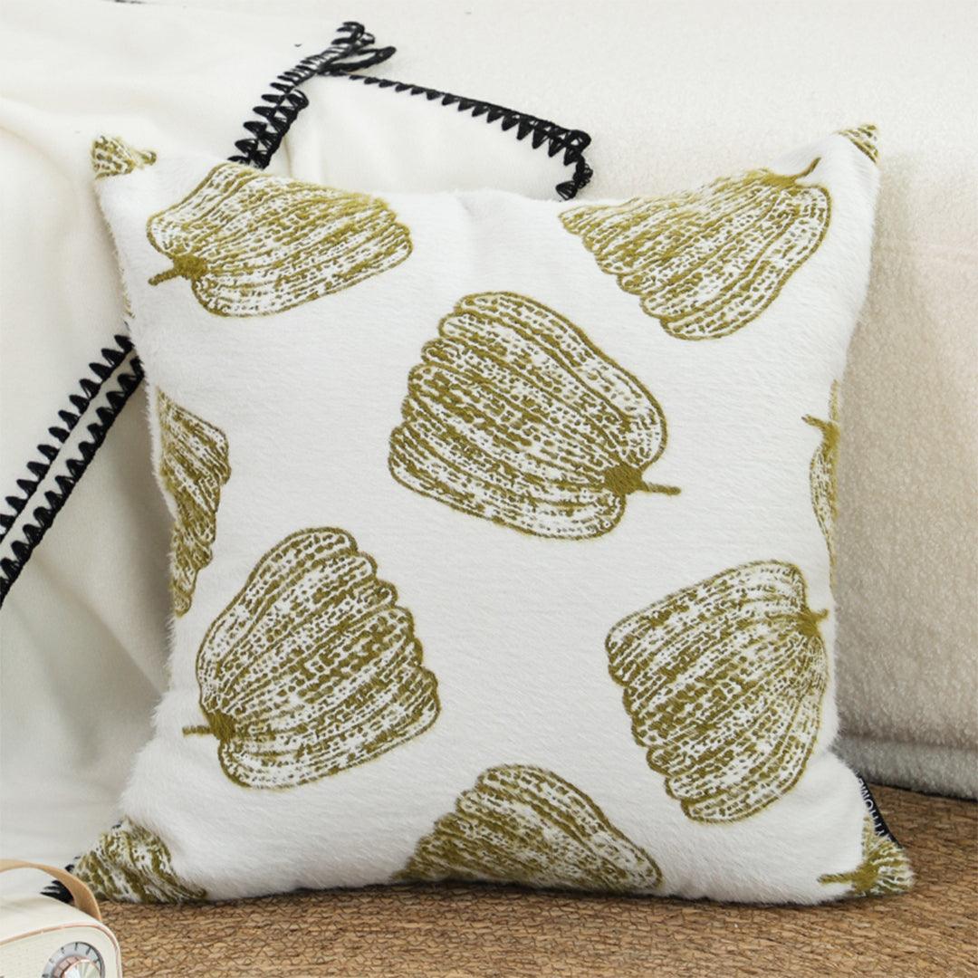 50cm Throw Pillow White with Olive Green Autumn Harvest Pumpkin Print