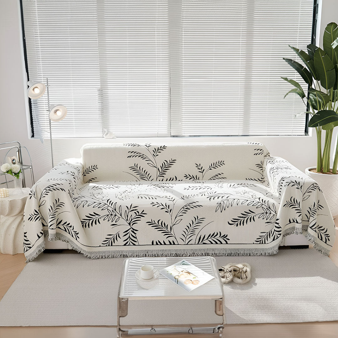 SOGA Four-seater White Sofa Cover Leaf Print 180x420cm Polyester