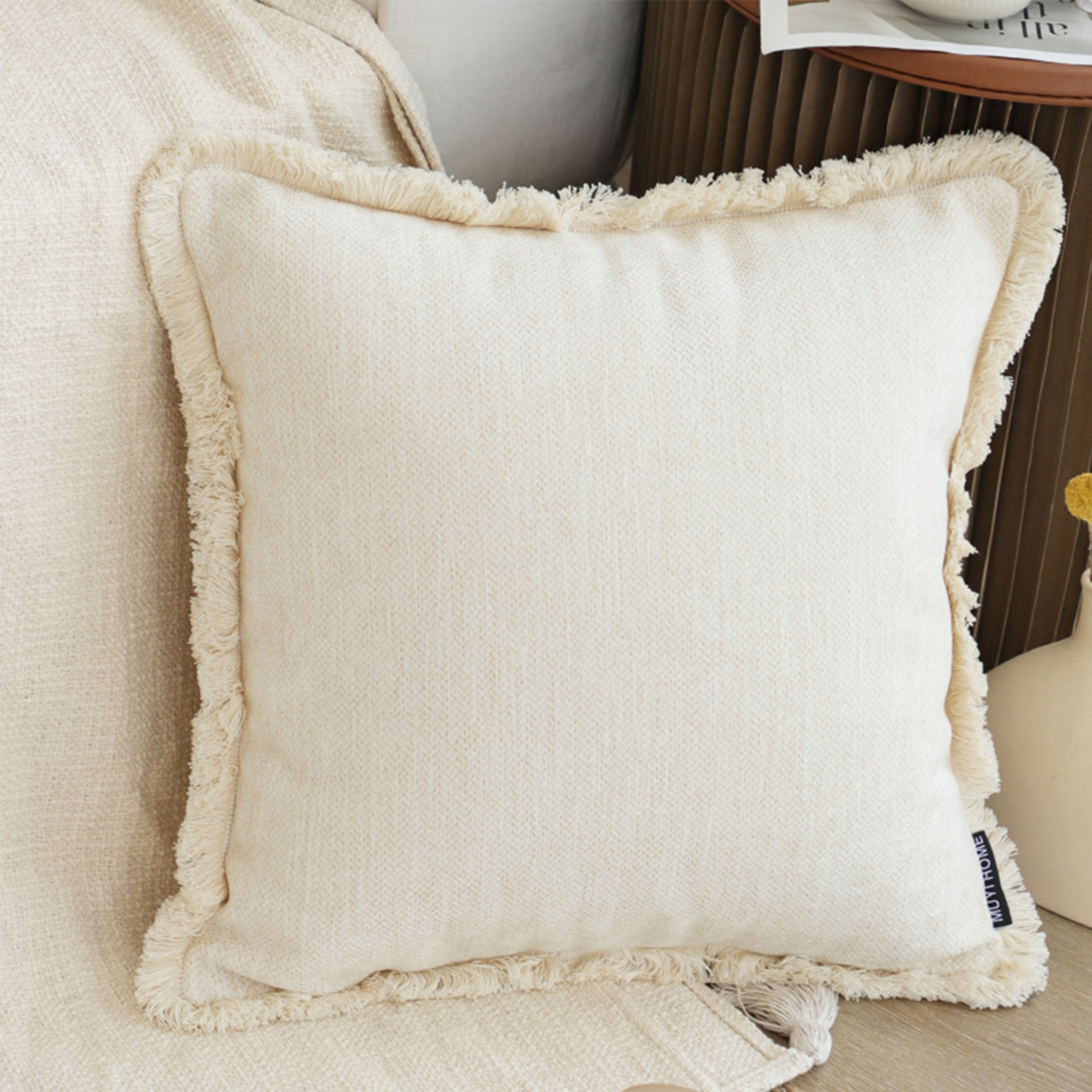 SOGA 45cm Creamy White Home Aesthetic Chenille Texture Tassel Square Throw Pillow