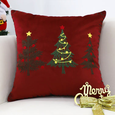 SOGA 45cm Burgundy Red Throw Pillow with Three Embroidered Christmas Trees