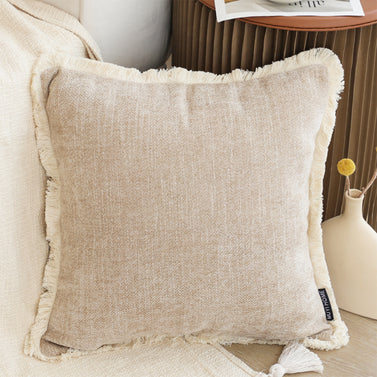 SOGA 45cm Throw Pillow Latte Color Chenille Textured with Tassels