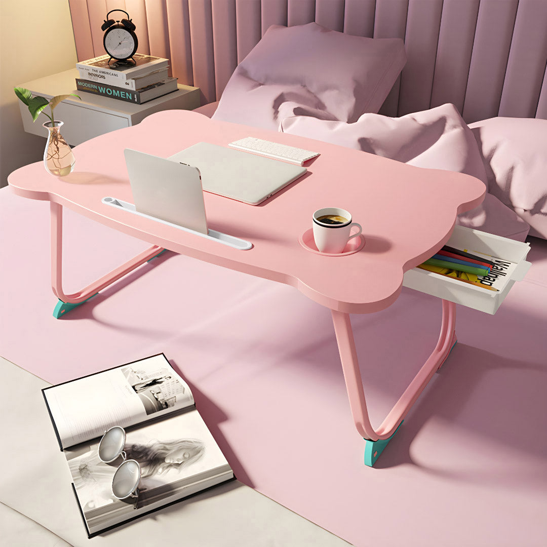 Pink Portable Bed Table With Mini Drawer and Cup-Holder
