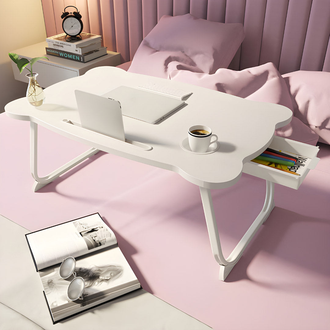 White Portable Bed Table With Mini Drawer and Cup-Holder