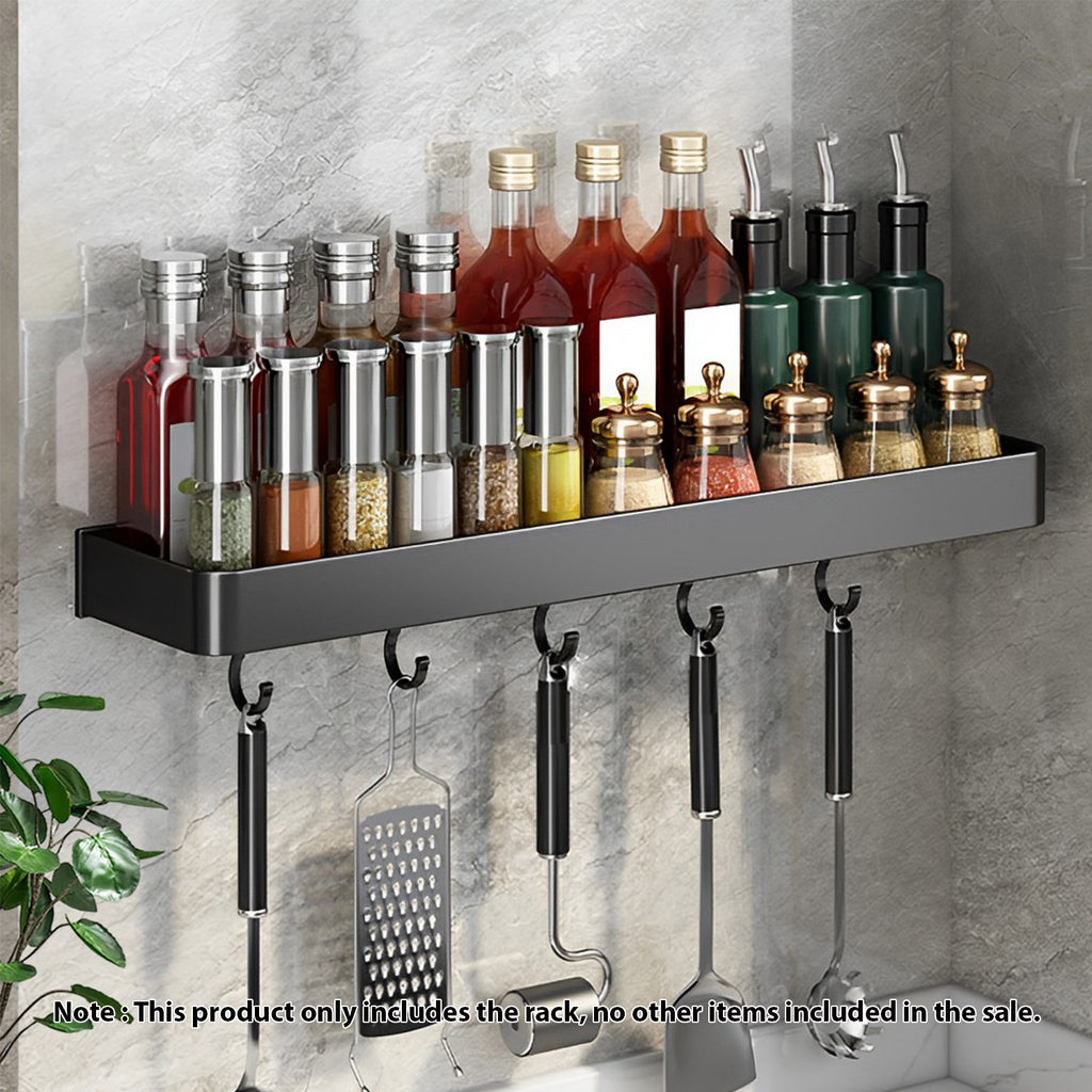 30cm Black Rectangular Spice Storage Rack with Hooks