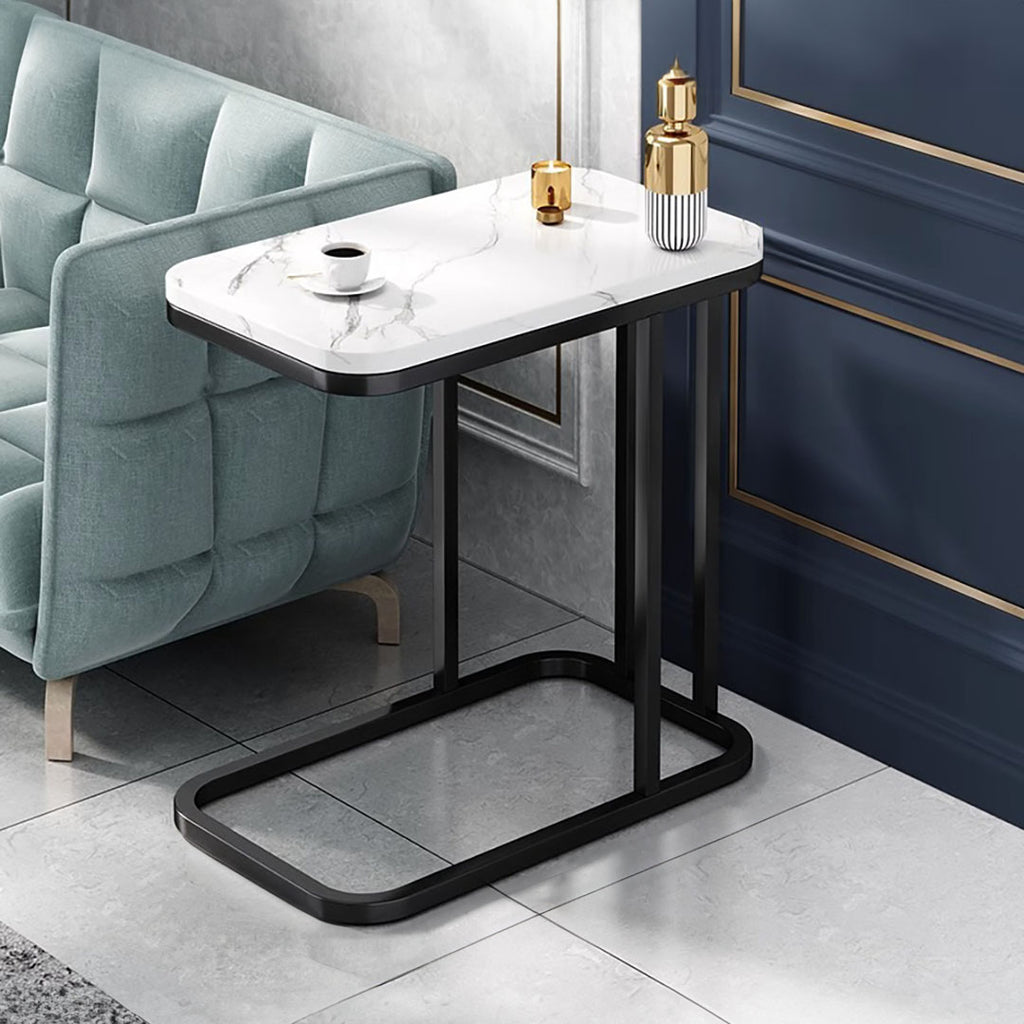 30x50x58cm White Ceramic Sofa Side Square Mini Table w/ Black Metal Legs