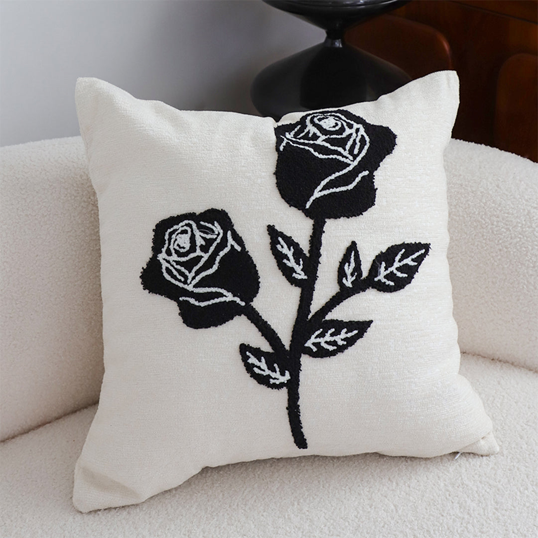 SOGA 45cm White Black Rose Floral Embroidered Throw Pillow