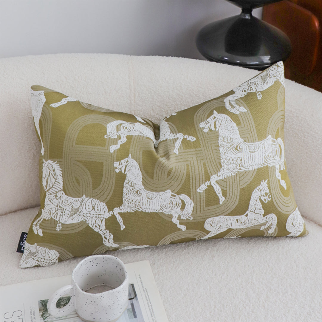 SOGA 35cm Vintage Olive Green White Horse Pattern Throw Pillow