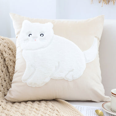 45cm Throw Pillow Light Tan Square Cushion with Soft White Cat Design