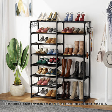 12-Shelf Tier Shoe Storage with Side Hooks Black