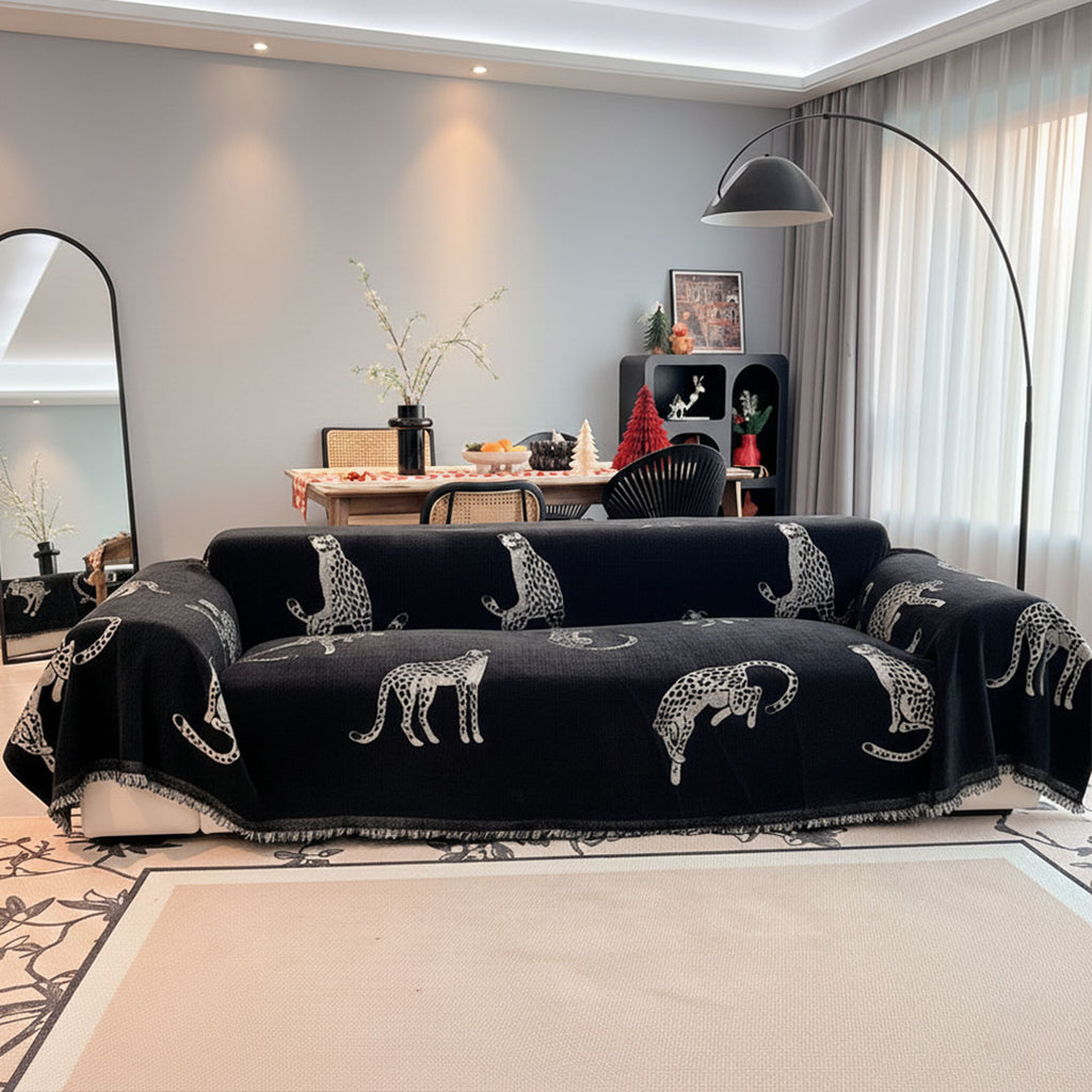 SOGA Four-seater Black Sofa Cover Leopard Print 180x420cm Polyester