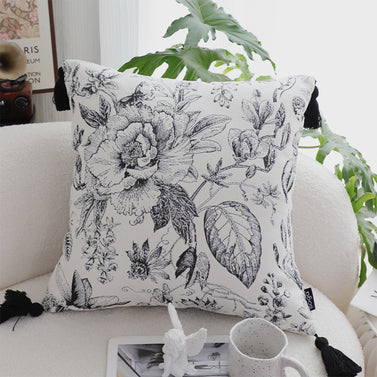 SOGA 50cm Throw Pillow  Black and White Elegant Floral Print with Tassel