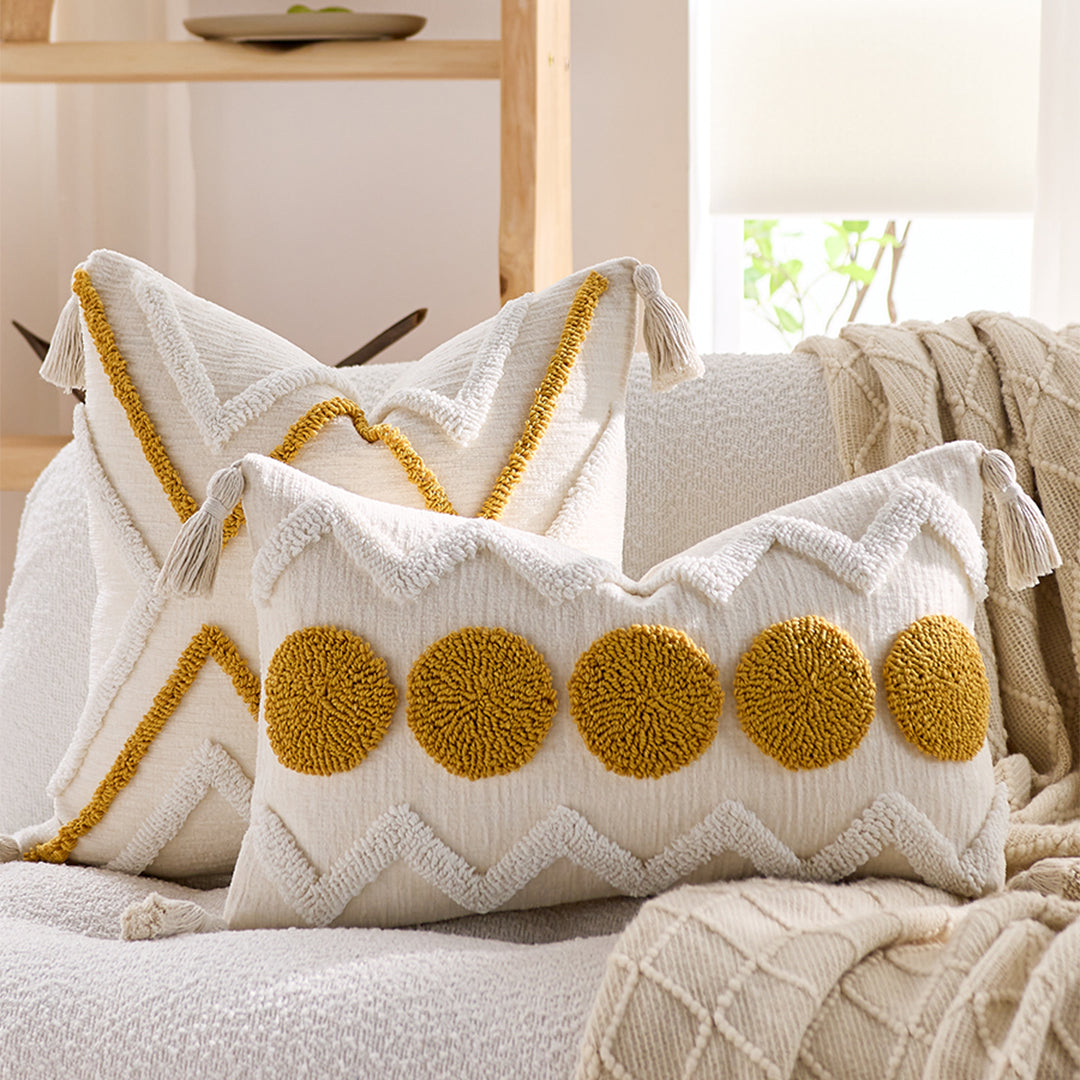 SOGA 30cm Cream Yellow Circle Pom Chevron Tassel Decorative Pillow