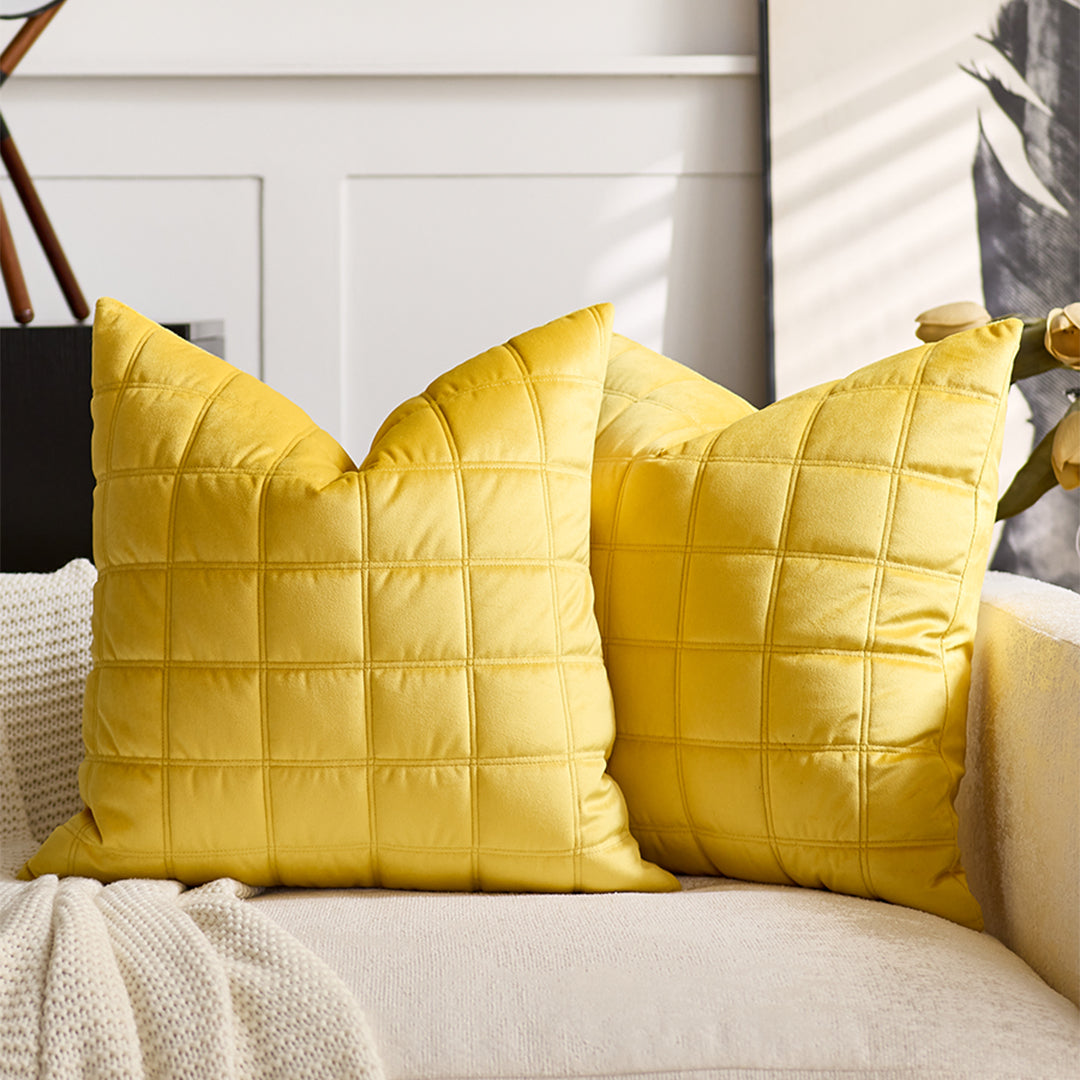 SOGA 50cm Yellow Quilted Grid Pattern Decorative Throw Pillow